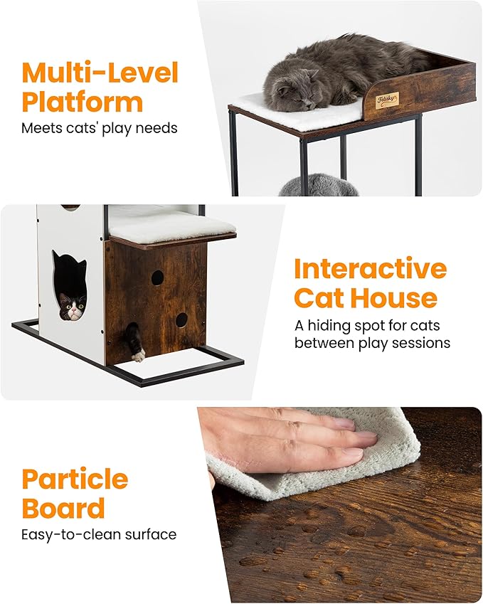 Wood Cat Tree Tower, 84 Inch Modern Extra Tall Cat Condo Trees for Indoor Cats Large Adult, XL Multi-Level Heavy Duty Wooden Sturdy Cat House Furniture with Platform Perch Bed Scratching Post