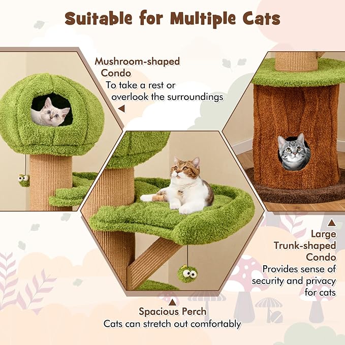 PETSITE 58 Inch Forest-Themed Cat Tree, Multi-Level Cat Tower with 2 Cute Condos, Plush Perch, Teasing Balls, Sisal Posts, Hidden Cave, and Removable Cushions, Modern Cute Cat Tree for Indoor Cats