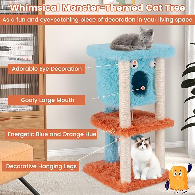 PETSITE 34 inch Monster-Themed Cute Cat Tree, Modern Cat Tree Tower with Sisal Scratching Posts, Cat Condo, and Hanging Dangling Toys, Long Plush Covered Surface