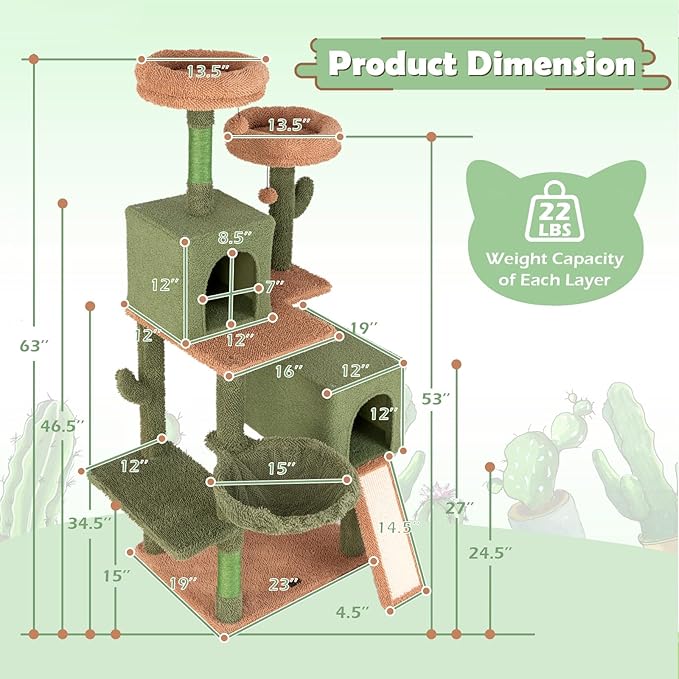 PETSITE 63 inch Cactus Cat Tree Tower, Multi-Level Cat Tower with Sisal Scratching Posts, Sisal Ladder, Hanging Balls, Cat Condos and Side Basket Bed, Cute Cat Tree for Indoor Cats