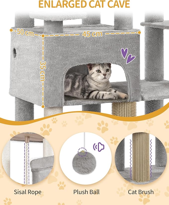 Cat Tree, 200cm XXL Cat Tree with 10 Scratching Posts, 2 Caves, 2 Hammocks, Large Platform, Cat Brushes, Basket, Heavy Duty Cat Tree for Maine Coons, Large Cats, Light Grey MS20018LG