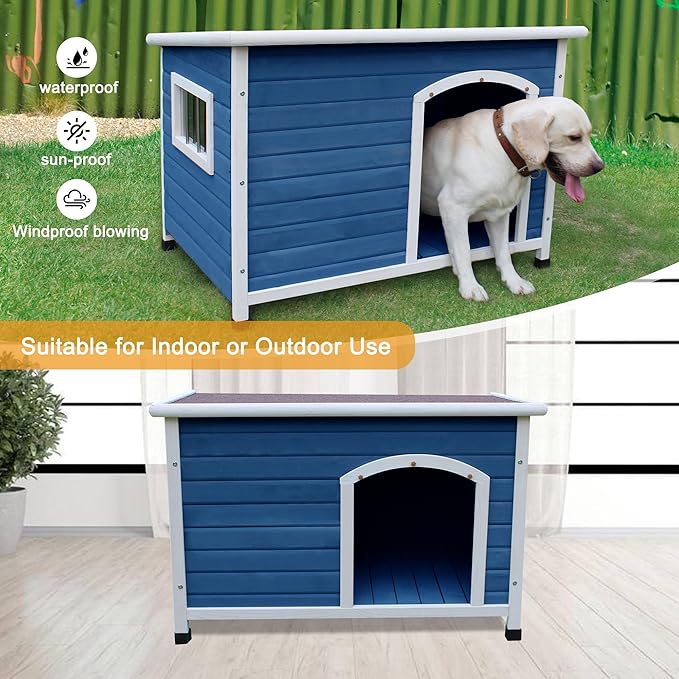 40" Wooden Outdoor Dog Houses, Waterproof Dog House Outside with Window & Door Flap Waterproof Dog House Outdoor Indoor, Assemble Easily-Blue