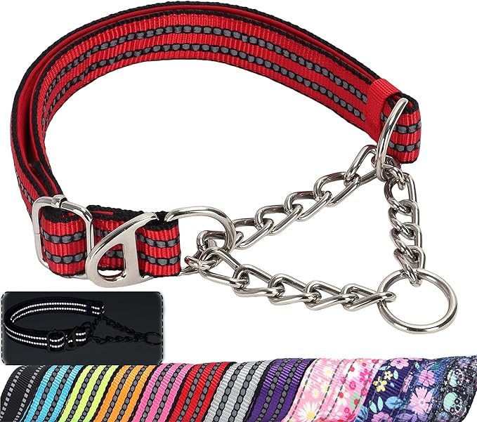 Martingale Dog Collar for Training,Adjustable No Pull Reflective Collar with Chain Collars for X-Large Dogs Secure/Comfortable Walking Collar for Night Safety（Red XL）