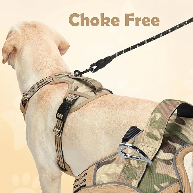 Funfox Dog Harness No Pull, Adjustable Pet Vest Harness, Super Soft Material with Vertical Handle Easy Control, Reflective Night Walking, 2 Leash Clips for Medium Sized Dogs, Camo Brown, M