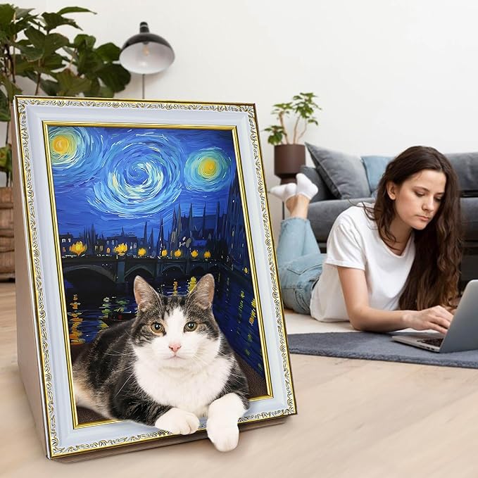 Cardboard Cat Scratcher, [Van Gogh Inspiration] Oil Painting Cat Scratching Board with Frame, Recycled Cat Scratch Pad for Indoor Cats, Cat Bed with Vintage Art Picture, Starry Night