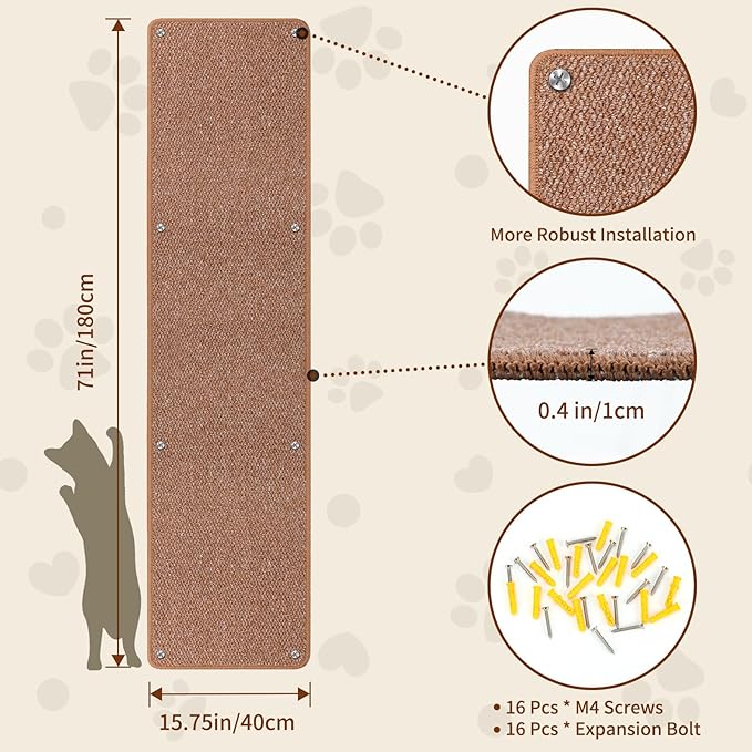 FHTONGE 71x15.8 Thickened Cat Wall Climbing Carpet with 16 Fixed Nails, Extra Large Tall Cat Scratch Pad for Wall, Wall Mounted Climbing Cat Scratcher for Furniture Couch Sofa Protector(Coffee)