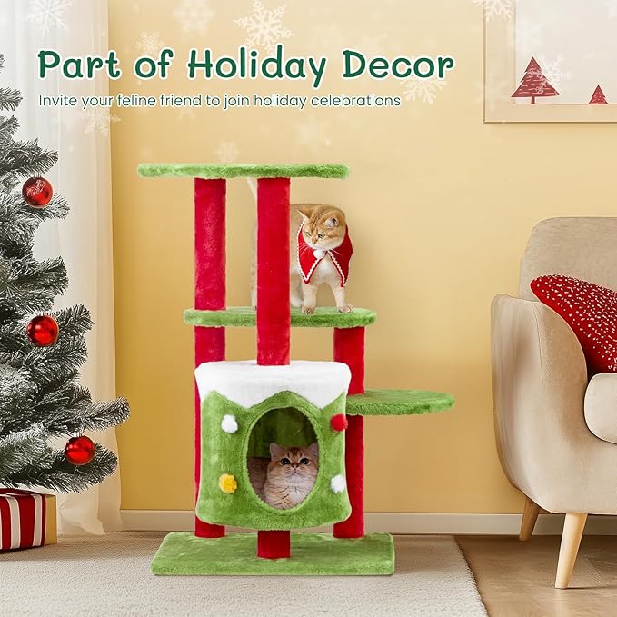Christmas Decorations, Christmas Cat Tree Tower, 32.5 inch Cat Furniture with Condo & Multiple Platforms, Green Red White Cat Tree for Indoor Cats, Large Cat Tree with Scratching Post