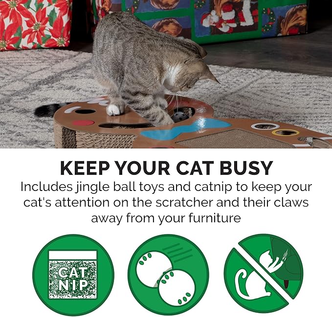 Furhaven Scratching Pad Ball Track Cat Toy w/ Catnip for Indoor Cats - Giant Gingerbread Man Holiday Corrugated Busy Box Scratcher - Brown, One Size