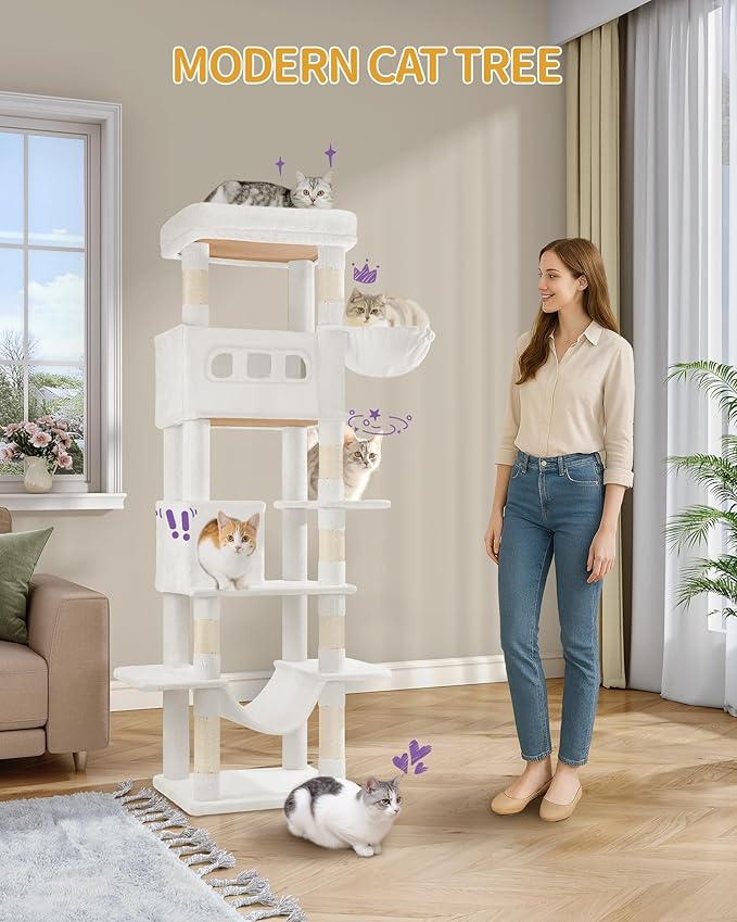 Cat Tree, 66.9" Large Cat Tower for Indoor Cats, Multi-Level Cat House with Condo, 8 Scratching Posts, Hammock, 4 Pom Poms, White MS17018WT