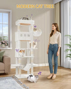 Cat Tree, 66.9" Large Cat Tower for Indoor Cats, Multi-Level Cat House with Condo, 8 Scratching Posts, Hammock, 4 Pom Poms, White MS17018WT