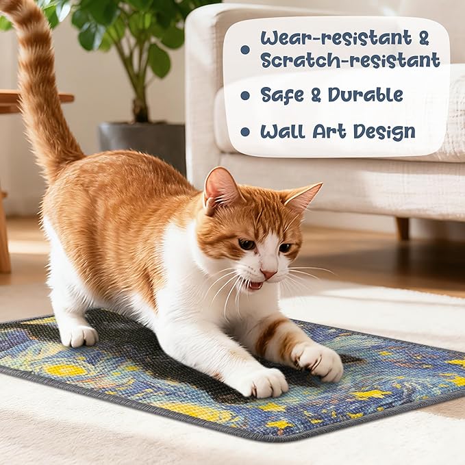 Sisal Cat Scratching Pad - Shedding-Resistant Wall Scratcher Mat for Indoor Cat, Kitten Art Starry Night Scratching Mats for Carpet Couch Furniture with Adhesive Hook Loop Tape(24 * 16in)