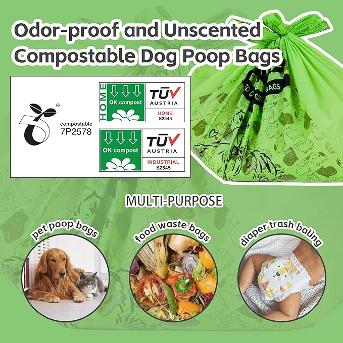 Cat Litter Bags for Poop, Compostable Kitty Poop Bags, 50 Count Unscented Disposal Waste Bags with Handle, Fit Any Scoop, Odor Sealing and Leakproof Dog Pooper Bag
