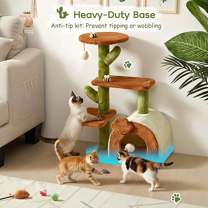 Cactus Cat Tree for Indoor Cats with Cozy Condo Wide Top Perch Multi-Level Climbing and Lounging Space 27.5inch Plush, Brown