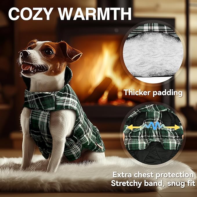 VIVAGLORY Softjoy Dog Coat, Dog Jacket for Winter & Christmas, Coat with Harness Hole, Reversible Plaid Checkered Warm Fluffy Heavy Duty for Puppy, XXS, Green