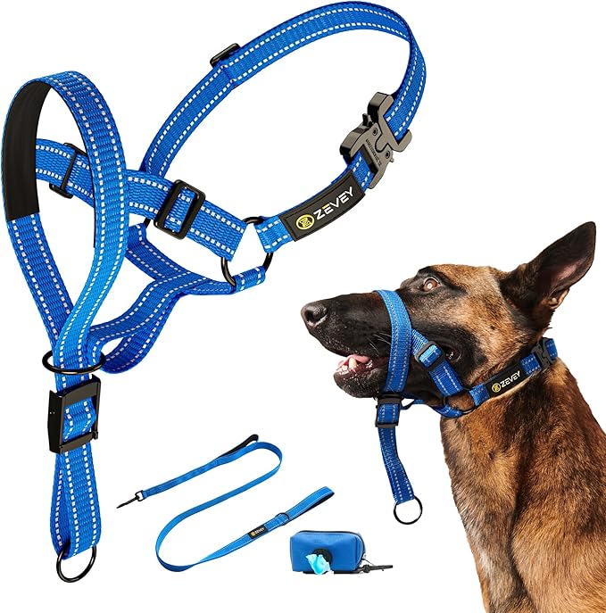 Dog Headcollar with Leash and Safety Strap Stops Heavy Pulling On The Leash Padded Reflective Head Halter for Small Medium Large Dogs Adjustable Head Harness for Training and Walking, (L, Blue)