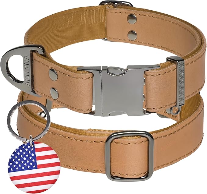 ADITYNA Leather Dog Collar with Metal Buckle - Heavy-Duty, Adjustable for Large & Extra Large Dogs - Walking & Training (CamelBrown, Fits 19-30" Necks)