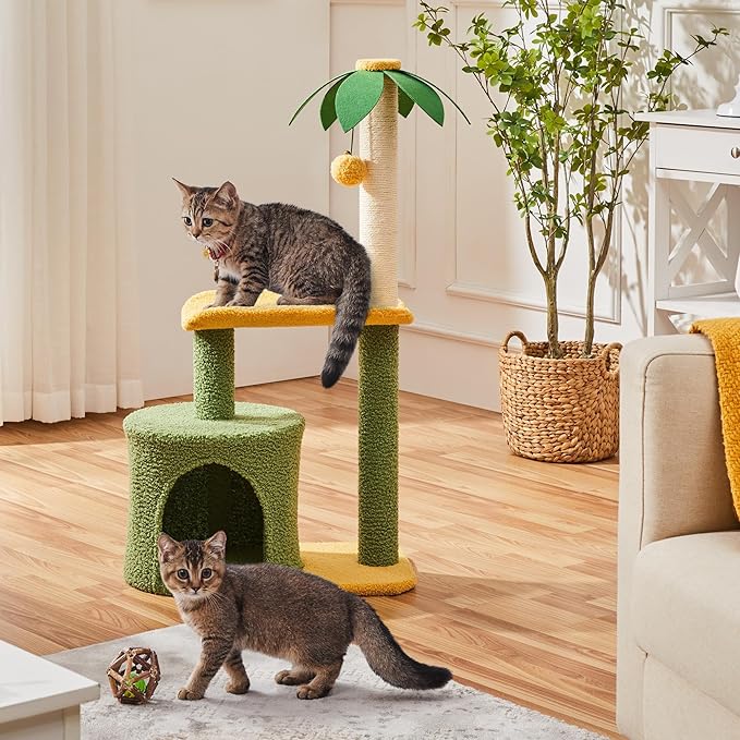Topeakmart Cute Cat Tree for Indoor Cats, Coconut Palm Cat Tower with Green Leaves, Large Cat Condo Plush Cat House with Sisal Covered Scratching Post Activity Center Cat Furniture for Kitten