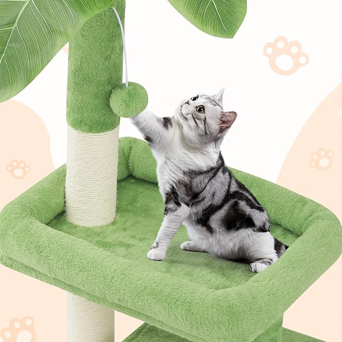 Cat Tree with Green Leaves Cat Tower with Scratching Posts, Cat House Condo Perch and Fluffy Ball Cat Trees for Indoor Cats 32 Inches, Lawn Green