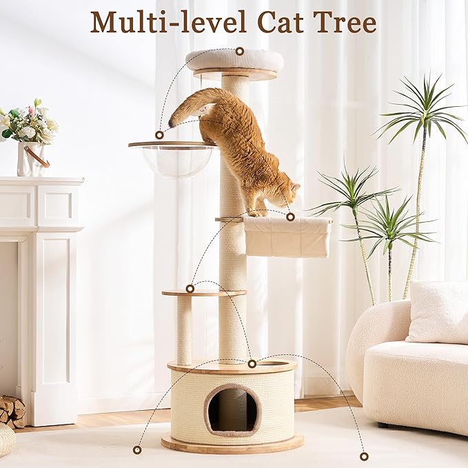 Modern Cat Tree Tower with Scratching Post for Indoor Cats Large Adult, 60 inch Tall Solid Wood Multifunctional Cat Tree Tower with Bed, Space Capsule, Sisal Wrapped Condo, Multiple Cats Use