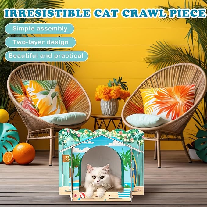2 Story Cardboard Cat House with Scratcher Pad for Small Kitten,17x12x10 Multi Level Durable Cat Condo & Villa for Bunny Rabbit Small Animals Christmas Birthday Gift(17x12x10,Hawaii)