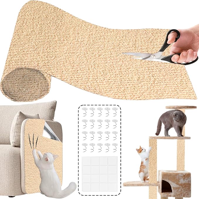 78.7"x15.8" Self-Adhesive cat Scratch pad - Trimmable Furniture Protector for Couch, Walls & Cat Trees | DIY Climbing Scratcher Pad with Twist Pins & Double-Sided Adhesives (Beige)