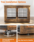 Dog Crate Furniture with Cushion, Large Wooden Dog Kennel Indoor with Double Doors, Dog Cage with Wheels, Dog House Side End Table for Large Medium Dogs up to 70 lb, 38.5” L, Rustic Brown