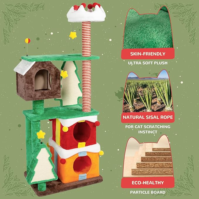 NUNU LAB Christmas Cat Tree, Multi-Level Cat Tower, Modern Cute Cats Tree, with Cat Condos, Sisal Ramp Scratching Posts, Cozy Basket, for Indoor Use (KM057)