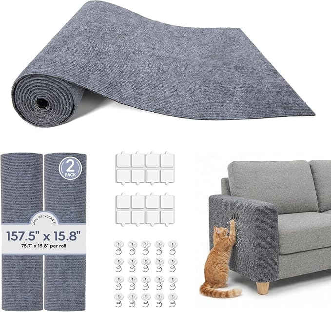 157.5" x 15.8" Cat Scratch Furniture Protector, Self-Adhesive Couch Protector from Cat Claws, Cats Scratching Mat for Couch, Sofa, Wall & Door, DIY Cat Scratch Pads Replacement, 2 Pack (Light Grey)