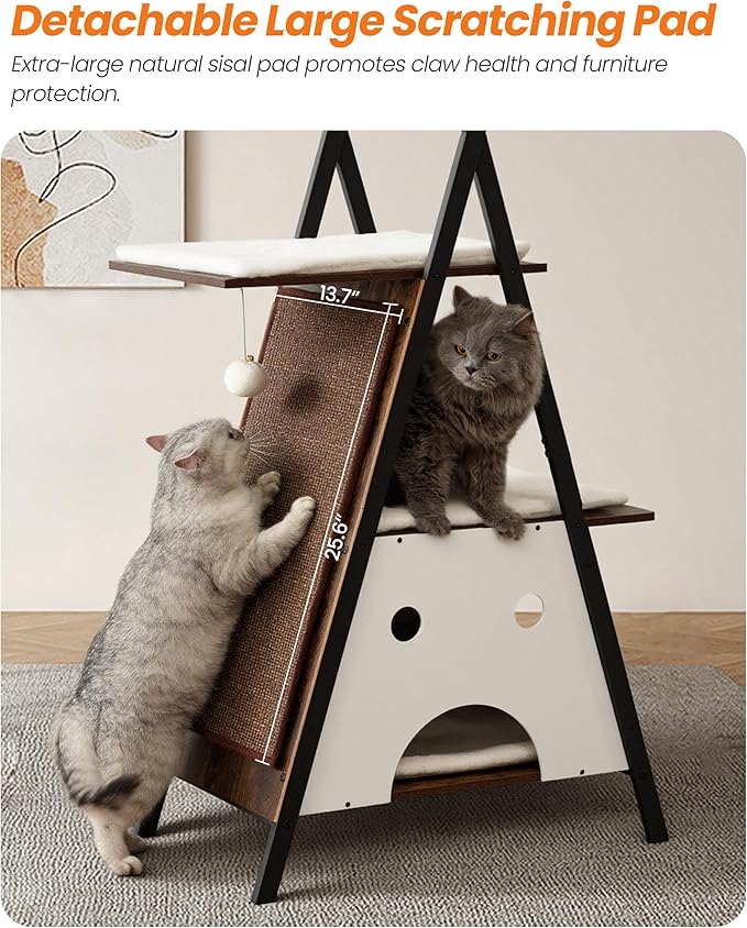 Modern Wood Cat Tree Tower for Indoor Cats Large Adult - 67 Inch Tall Multi-Level Heavy Duty Cat Condo Trees Furniture with Caves Perch Bed Scratching Board -XL Big Wooden Kitty House