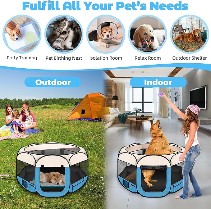 Dog Playpen 45", HOMAGICO Pet Playpen for Indoor Cats Enclosed, Portable Dog Cage Outdoor Tent Crate with Carrying Case, Water-Resistant and Removable Shade Cover, Blue