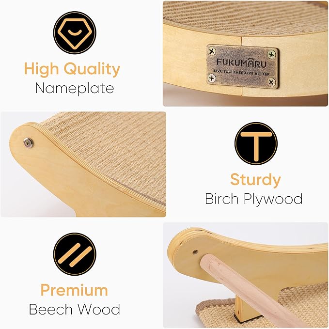 FUKUMARU Cat Scratcher Bed Sisal, 23.6 Inch Durable Scratching Bed for Indoor Cats, Large Cat Scratch Pad, Natural Sisal Hammock, Solid Wood Frame Lounger Chair for Sleep & Scratch (Wood)