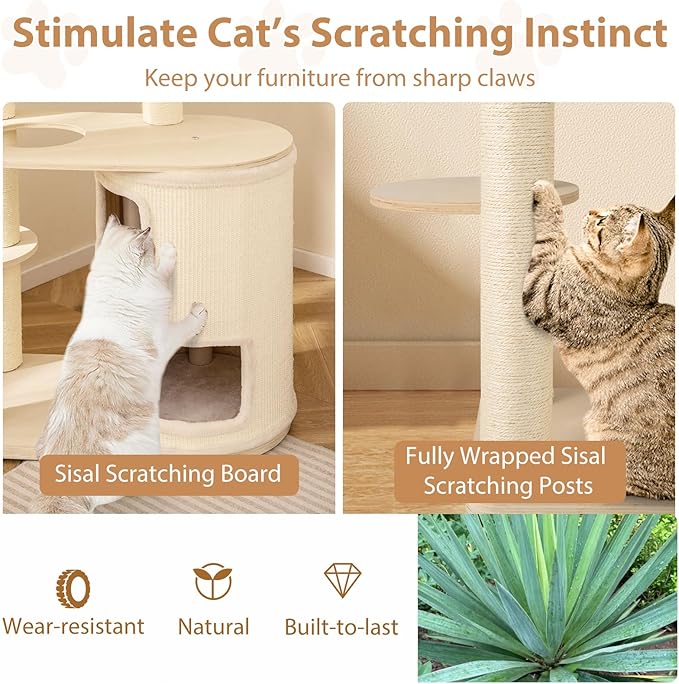 PETSITE 60 Inch Modern Tall Cat Tree for Indoor Cats, Wooden Cat Tree Tower with 2-Story Condo, Sisal Scratching Posts and Board, Top Perch, and Round Napping Bed, Soft Washable Cushions Covered