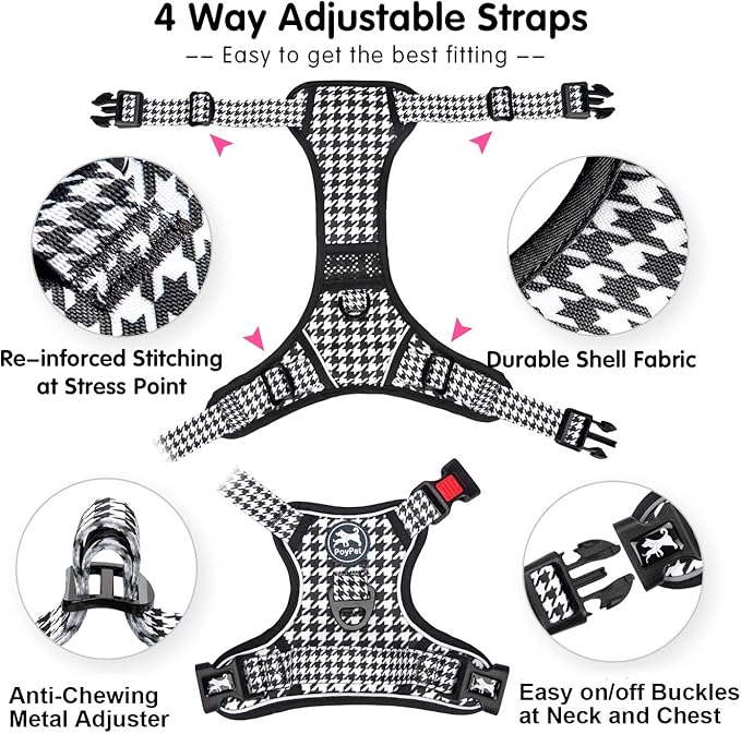 PoyPet No Pull Dog Harness, [Release on Neck] Reflective Adjustable No Choke Pet Vest with Front & Back 2 Leash Attachments, Soft Control Training Handle for Small Medium Large Dogs(Houndstooth,XL)