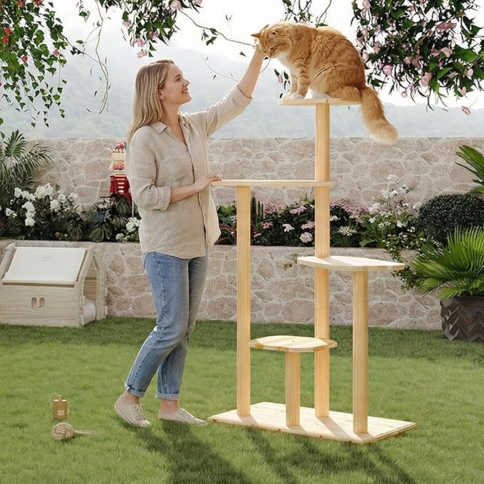 60" Tall Outdoor Cat Tree, Cat Tower Weatherproof for Patio, Garden, Balcony, Durable 4-Tier Natural Wood w/Scratching Posts for Multiple Cats,Outside&Indoor Adult Cats and Kittens Play, Climbing