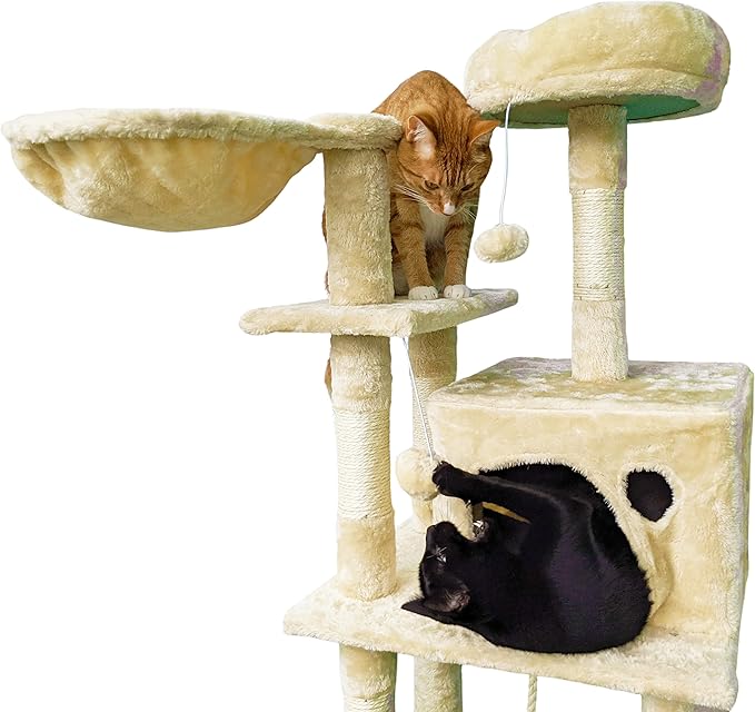 Beige Cat Tree Tower for Indoor Cats & Kittens, 57" Tall Multi-Level with Comfy Perch & Basket, Hideaway Condo, Sisel Scratcher Posts & Ladder, Ball Toys, & Dangling Rope - by SciencePurchase