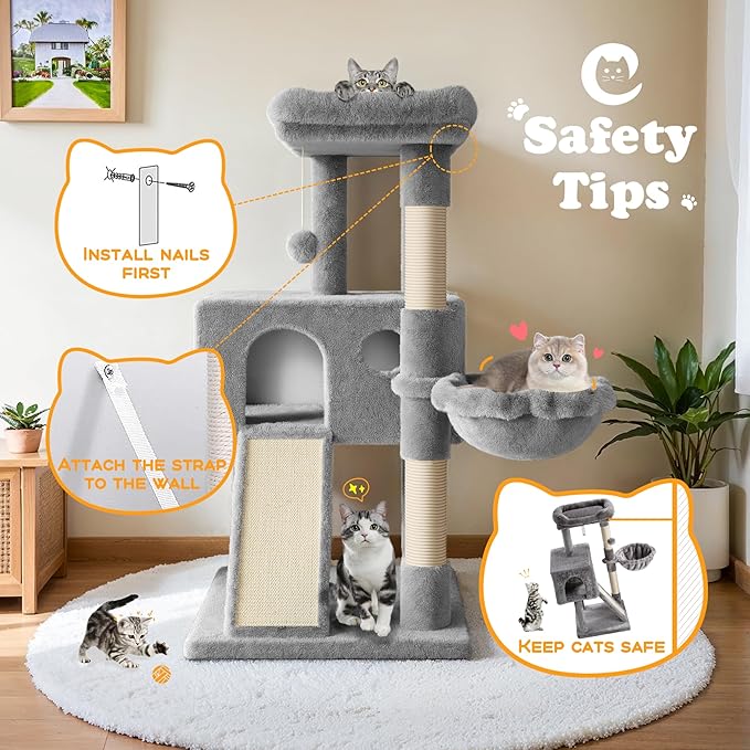 HOOMIC 36" Cat Tree for Indoor Kitty, Multi-Level Condo with Sisal Scratching Posts and Board, Cozy Hammock, Padded Plush Perch for Kittens, Grey
