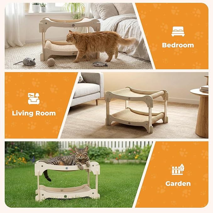 Two-Tier Sisal Cat Scratcher Bed - Large Scratching Board with Lounger Cat Scratch Pad, Sturdy Wooden Scratching Post for Indoor Kittens&Adult Cats, Easy Assemble Elevated Cats Bed Furniture