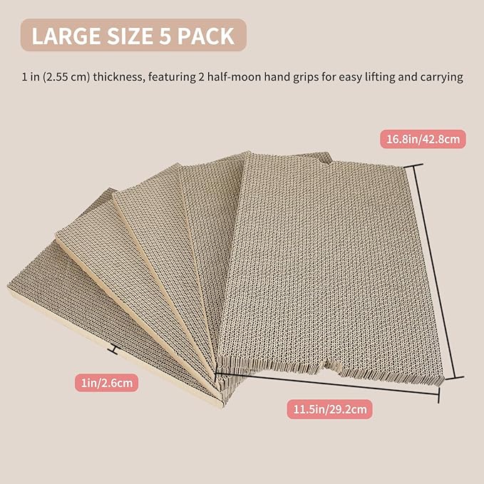 Large Cat Scratcher Pad with Box, Reversible Corrugated Cardboard Scratch Pad, Kitten Scratching Board with Catnip, Durable Recycle Scratching Pads, 5 Pack, L