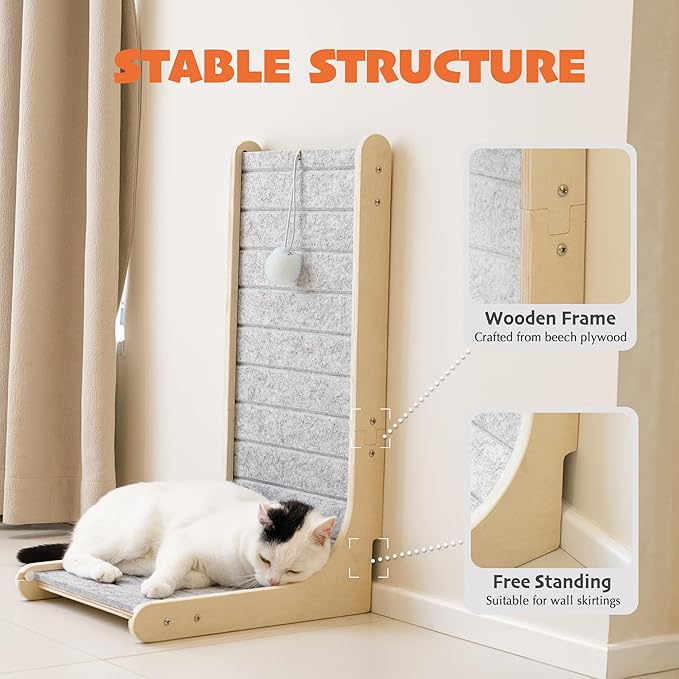 PETKARAY Felt Cat Scratcher, Vertical Cat Scratching Pad, Scratch Resistant Couch Carpet Scratcher, Slot-Free Scratch Board with Toy Ball, Light Grey
