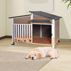 Heated Dog House for Outdoor Use with Matel Frame, Waterproof Design & Heating Blanket - All-Weather Wooden Kennel with Sliding Window & Metal Frame (Brown-1-H, L)