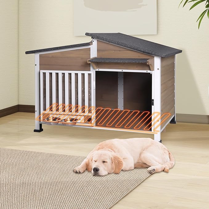 Heated Dog House for Outdoor Use with Matel Frame, Waterproof Design & Heating Blanket - All-Weather Wooden Kennel with Sliding Window & Metal Frame (Brown-1-H, L)