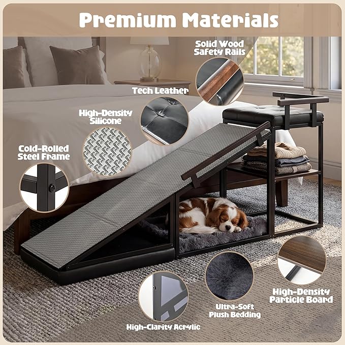 4-in-1 Dog Ramp, 65" x 26" x 17" Storage Ottoman Bench Upholstered Padded with Solid Wood Shelf, Foldable Pet Stairs Non-Slip Silicone Surface - Safety Railings Load up to 220 lb, Black