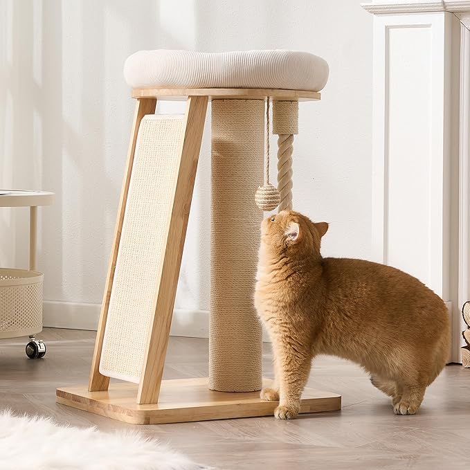 Modern Cat Tree Small Tower with Scratching Post for Indoor, Solid Wood Multifunctional Corner Cat Tree Tower with Bed, Dangling Ball,Interactive Rope, Scratching Board
