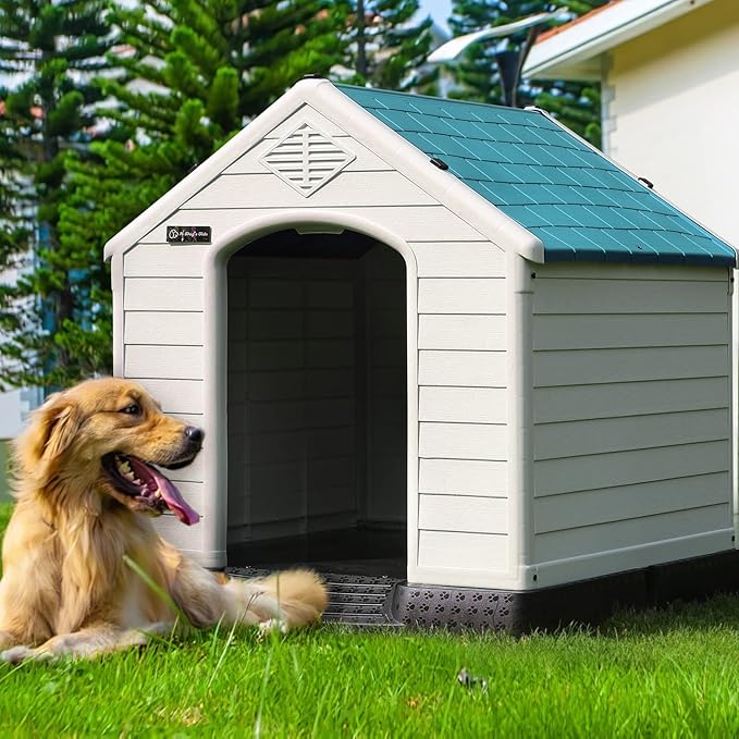 OFIKA Large Dog House Outdoor Indoor,Insulated Plastic Dog House for Small Medium Large Dogs,Durable Waterproof Dog House with Air Vents and Elevated Floor, Ventilate & Easy Clean, Assemble