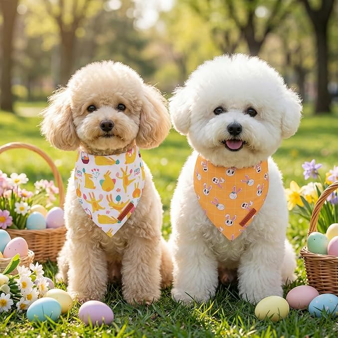 ADOGGYGO Easter Dog Bandanas, Bunny Egg Print Puppy Scarf, Premium Fabric, Adjustable Fit Happy Easter Bandanas for Small Dogs (Small)