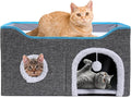 Foldable cat Bed, Cat Beds for Indoor Cats, Large Cat Cave for Pet Cat House with Fluffy Ball Hanging and Scratch Pad, Providing Entertainment for Cats (Grey, Double)