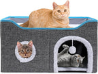 Foldable cat Bed, Cat Beds for Indoor Cats, Large Cat Cave for Pet Cat House with Fluffy Ball Hanging and Scratch Pad, Providing Entertainment for Cats (Grey, Double)