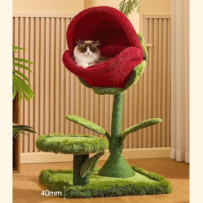 Happy & Polly 42-inch Flower-Shaped Cat Tree with Sisal Scratching Post, Modern Wood Color, Floor Mount, Indoor Climbing