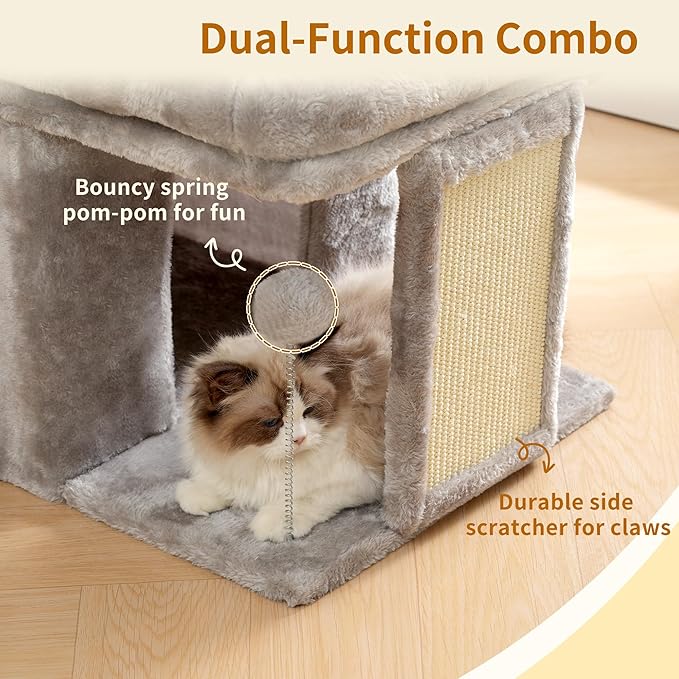Heybly Cat Tree, 14 inch Cat Tower with Large Perch Bed and Cat Condo for Indoor Cats Large Adult, Cat House with Scratching Posts and Interactive Spring Balls for Your Kittens, Light Gray HCT203SW