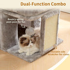Heybly Cat Tree, 14 inch Cat Tower with Large Perch Bed and Cat Condo for Indoor Cats Large Adult, Cat House with Scratching Posts and Interactive Spring Balls for Your Kittens, Light Gray HCT203SW